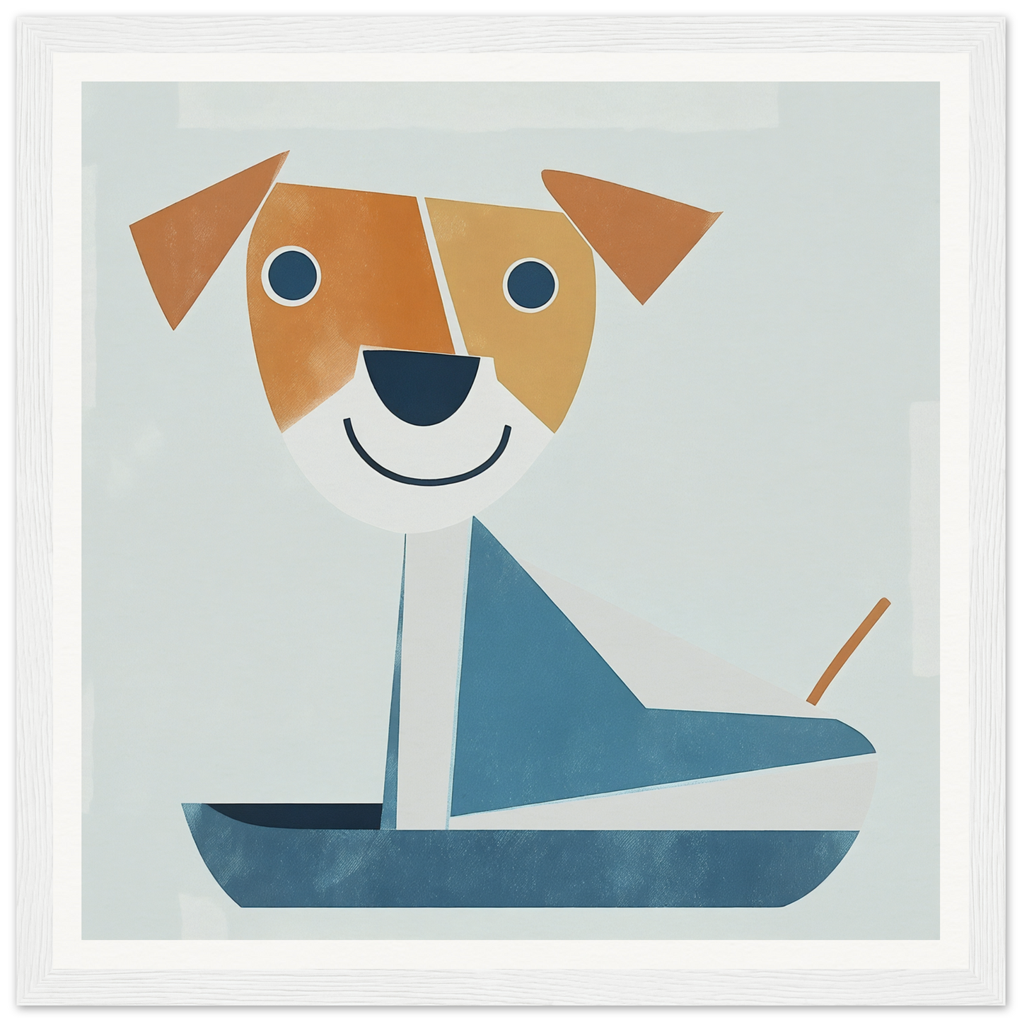 Cartoon dog in blue sailboat featured in Whimsical Pup Geometry special edition art™
