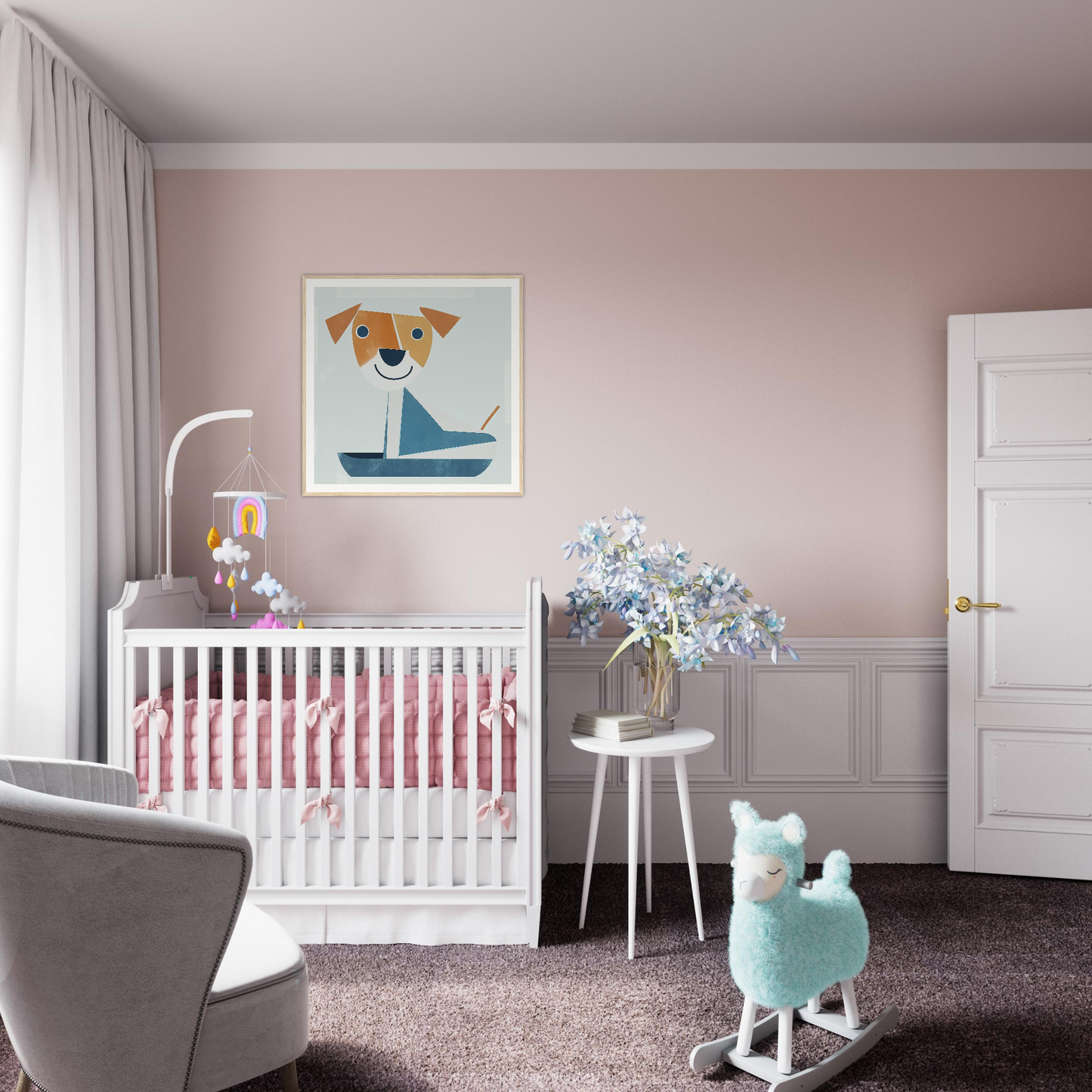White wooden crib with pink bedding for Special Edition Art collection Whimsical Pup Geometry