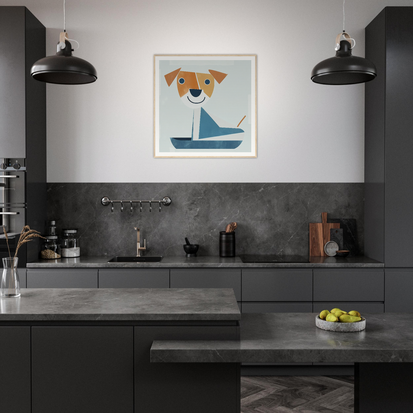 Modern dark gray kitchen with Whimsical Pup Geometry special edition art on the wall