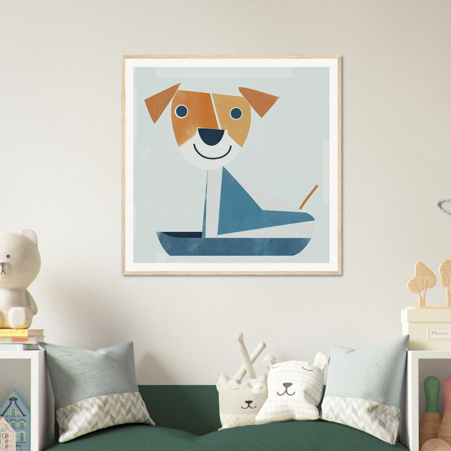 Cartoon illustration of a brown and white dog in a blue sailboat for Special Edition Art™