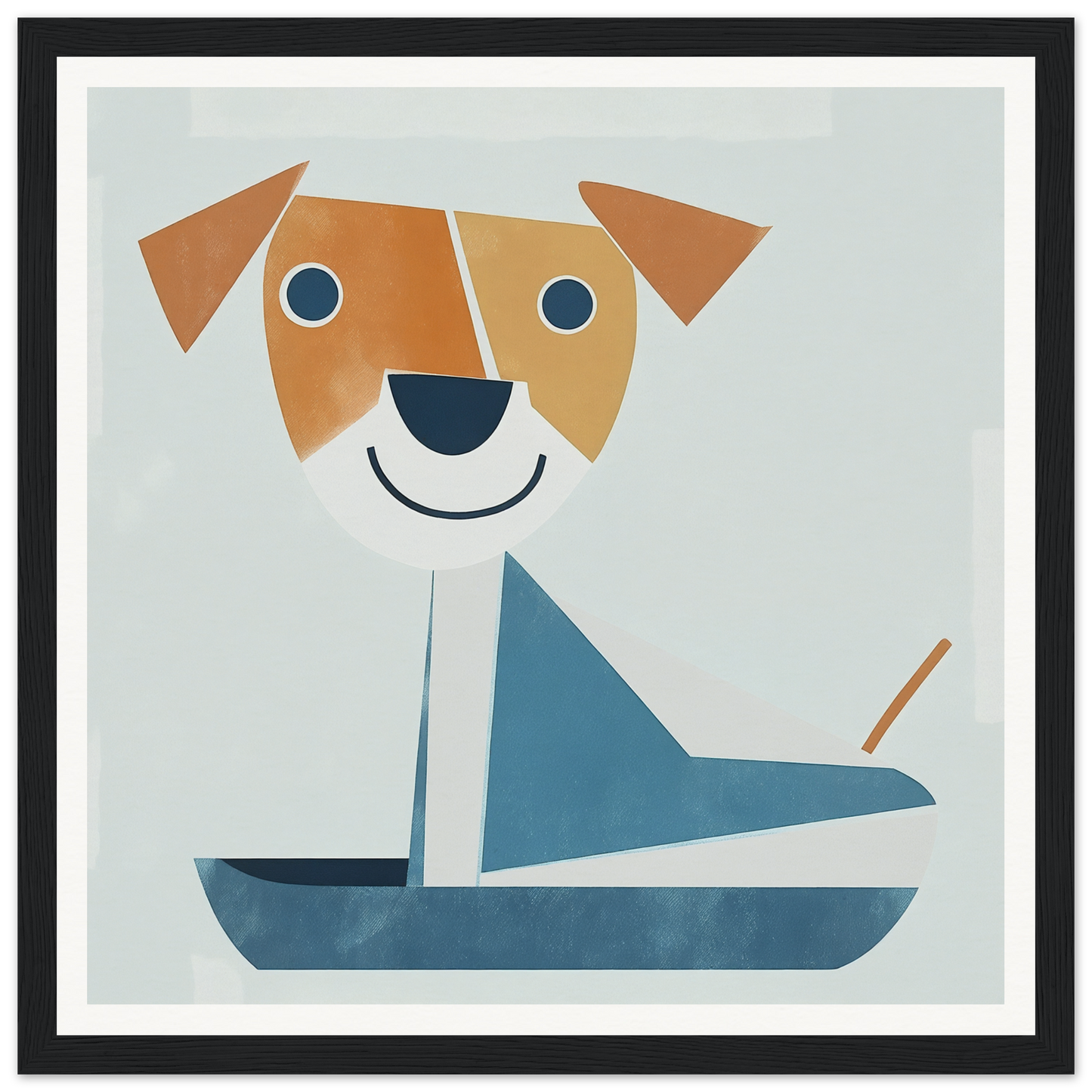 Minimalist illustration of a smiling dog in a blue sailboat for special edition art™