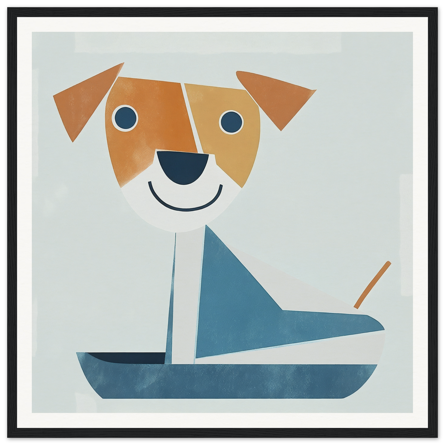 Geometric-style illustration of a smiling dog in a blue sailboat for special edition art™