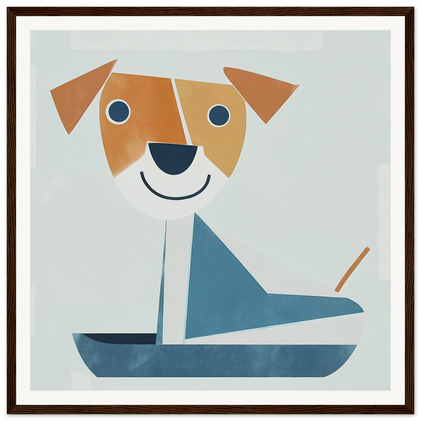 Minimalist illustration of a smiling dog in a blue sailboat from Special Edition Art™