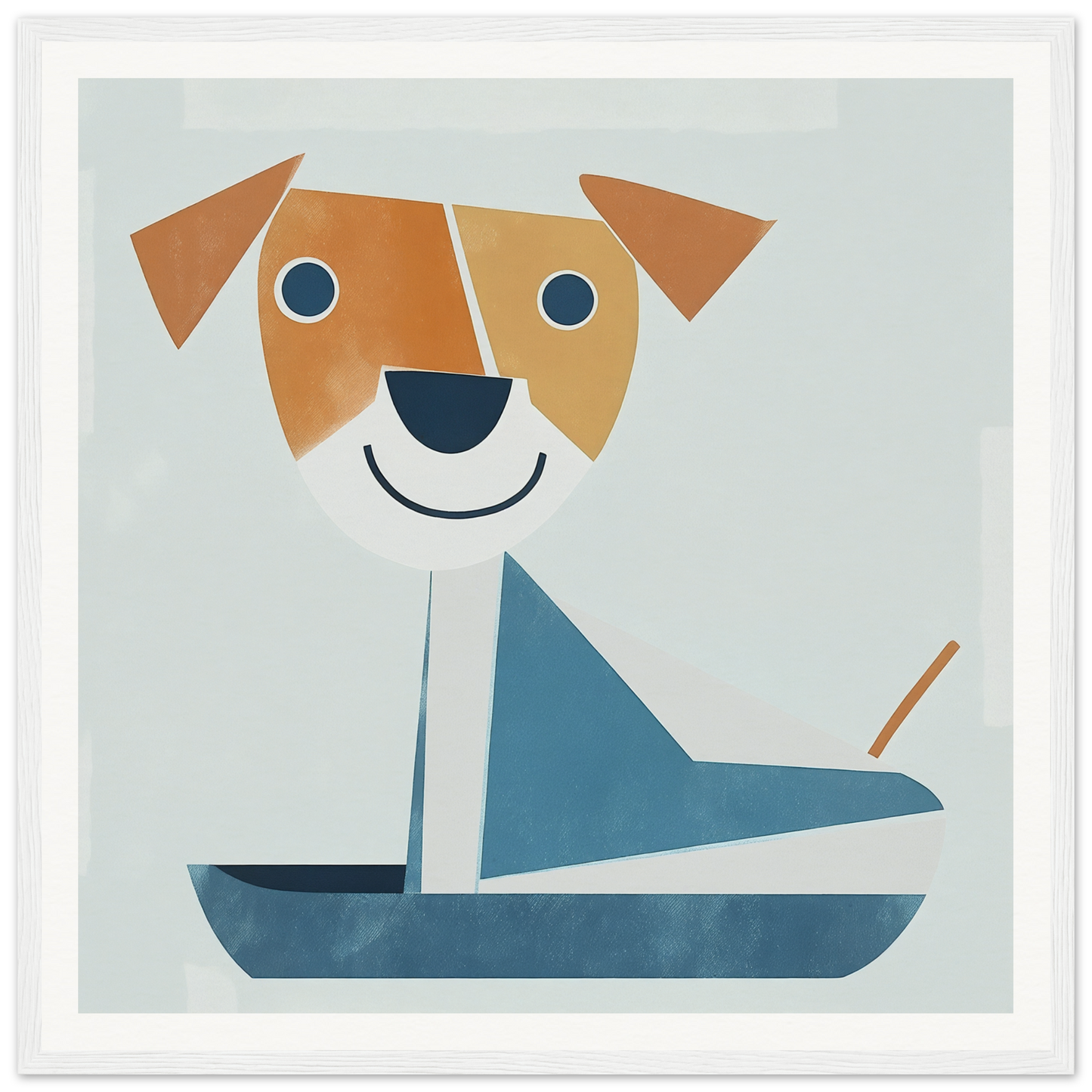 Smiling cartoon dog in blue sailboat, featured in special edition art™ Whimsical Pup Geometry