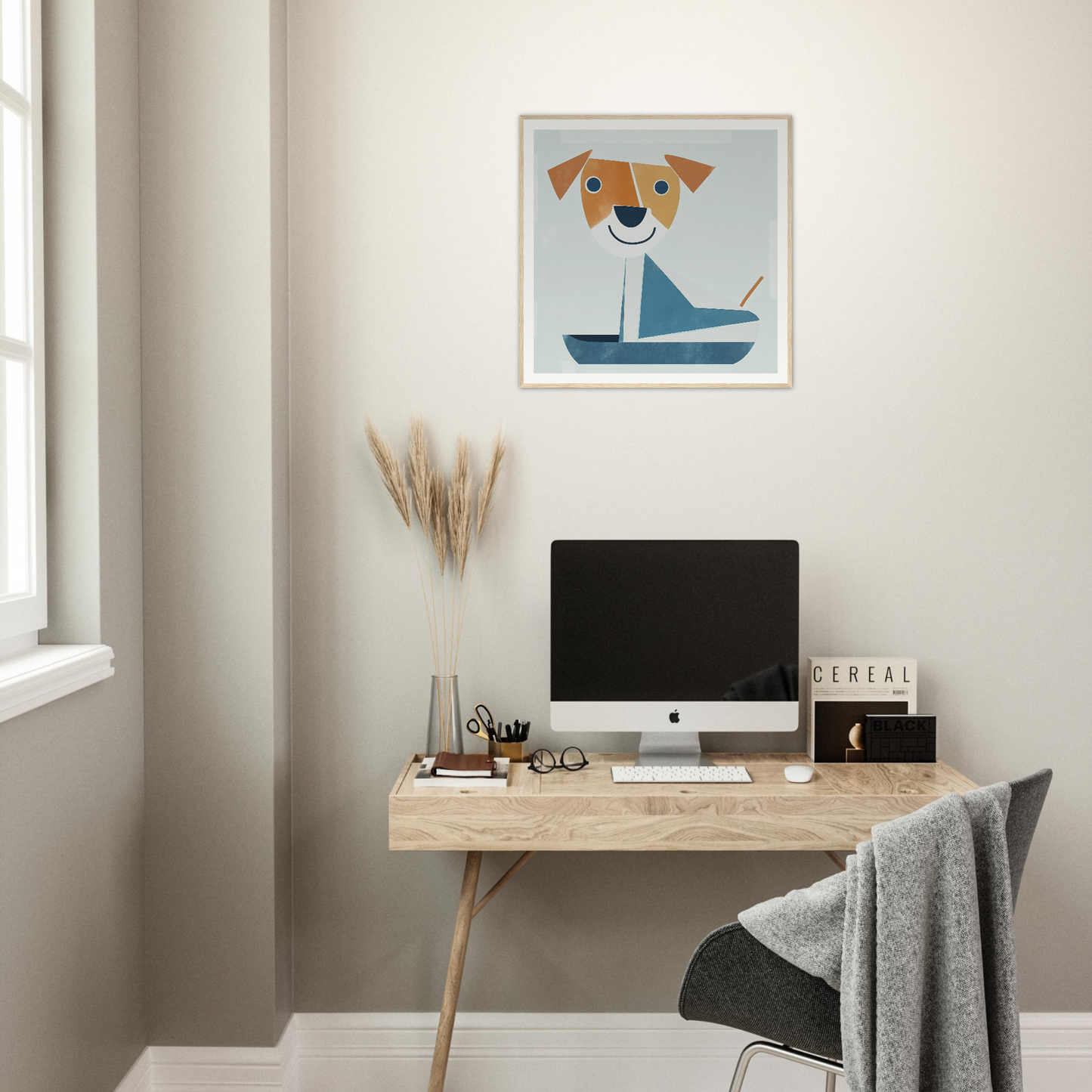 Framed cartoon illustration of a smiling dog in a blue sailboat, special edition art™