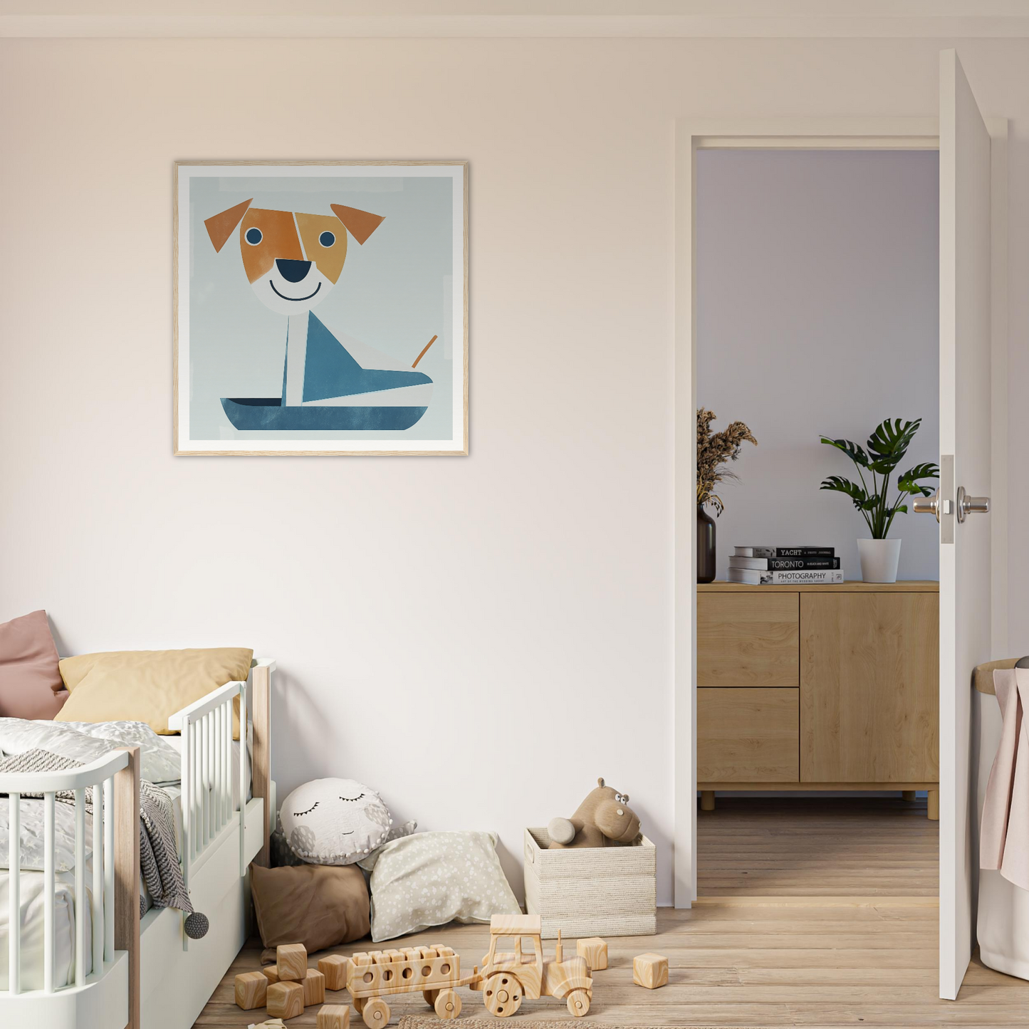 Framed cartoon illustration of a smiling dog in a blue boat for Special Edition Art™