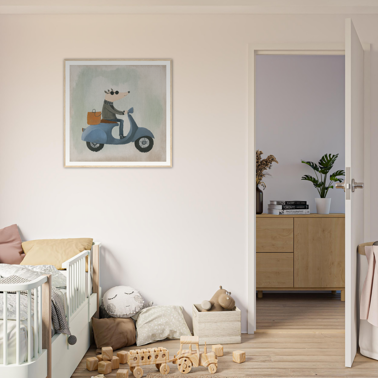 Framed art print of a whimsical scooter with packages in Whimsical Scooter Reveries