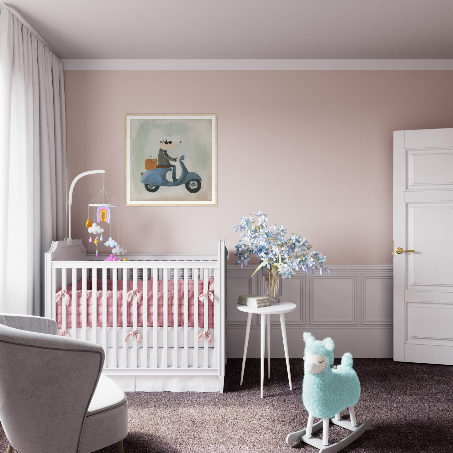 White wooden crib with pink bedding from Whimsical Scooter Reveries collection