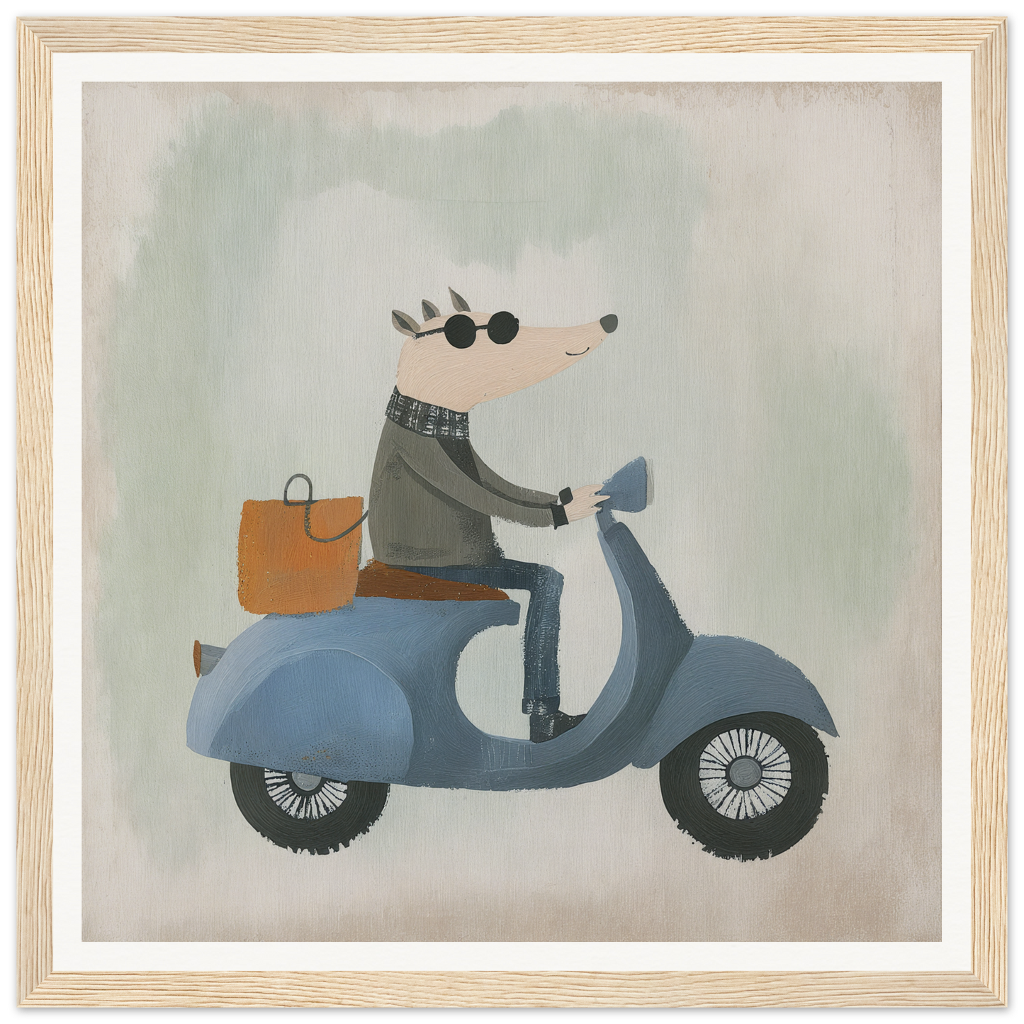 Mouse riding a blue scooter with an orange bag in Whimsical Scooter Reveries