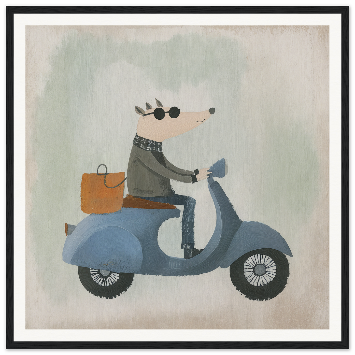 Cartoon mouse on a blue scooter with an orange bag in Whimsical Scooter Reveries