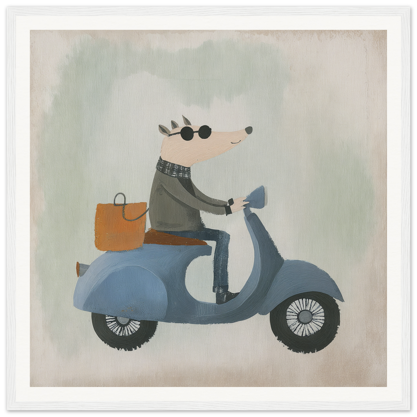 Hedgehog riding a blue scooter with an orange bag in whimsical scooter reveries
