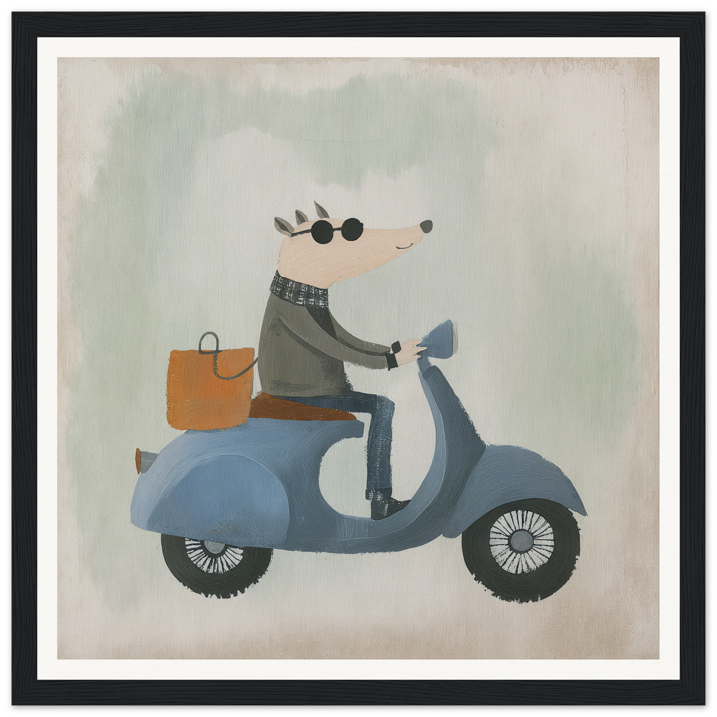 Cartoon mouse riding a blue scooter with a brown bag in Whimsical Scooter Reveries