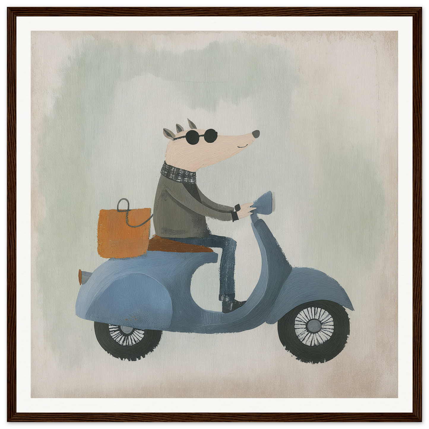 Cartoon hedgehog on a blue scooter with a tan bag in Whimsical Scooter Reveries