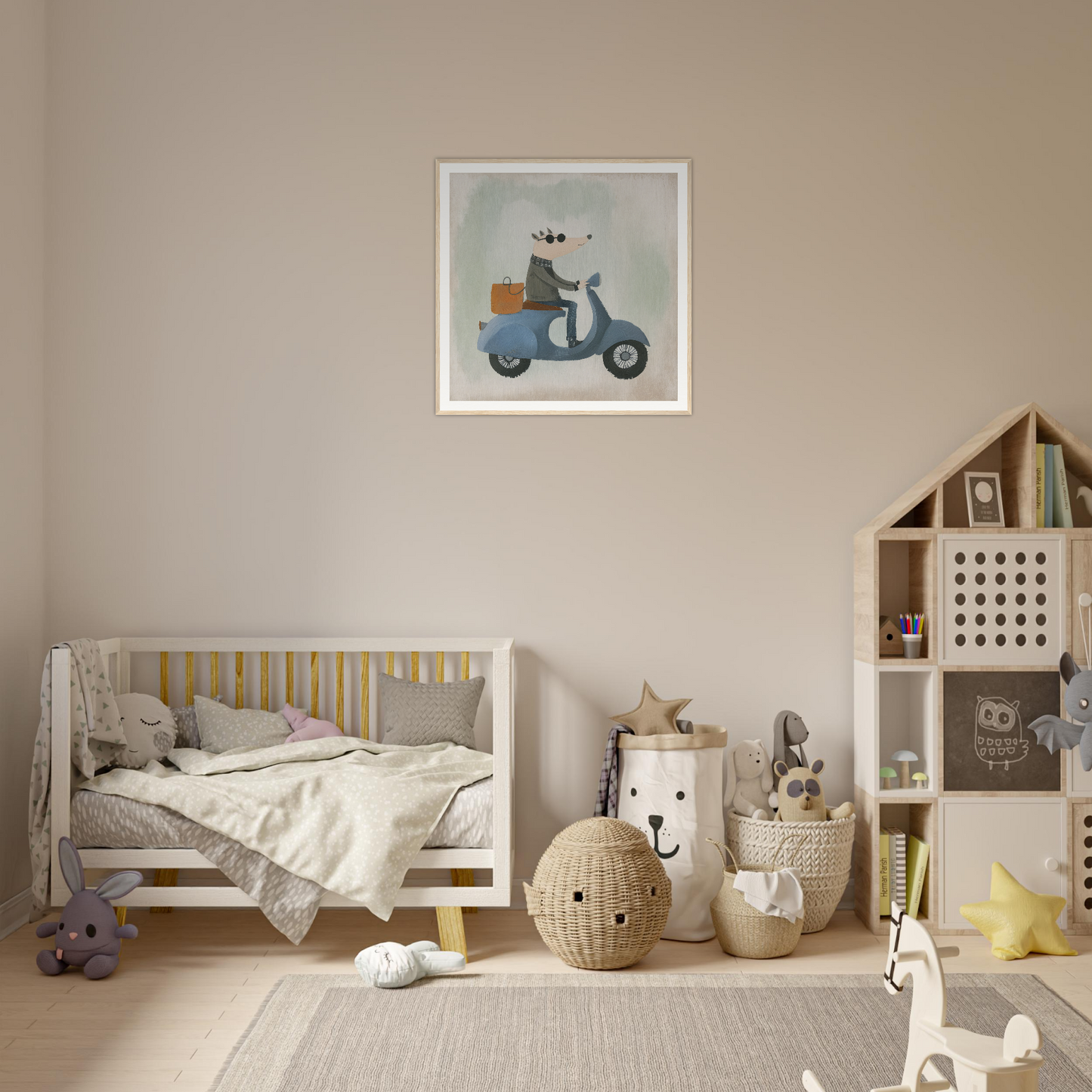 Cozy nursery featuring Whimsical Scooter Reveries wooden crib and decorative accents