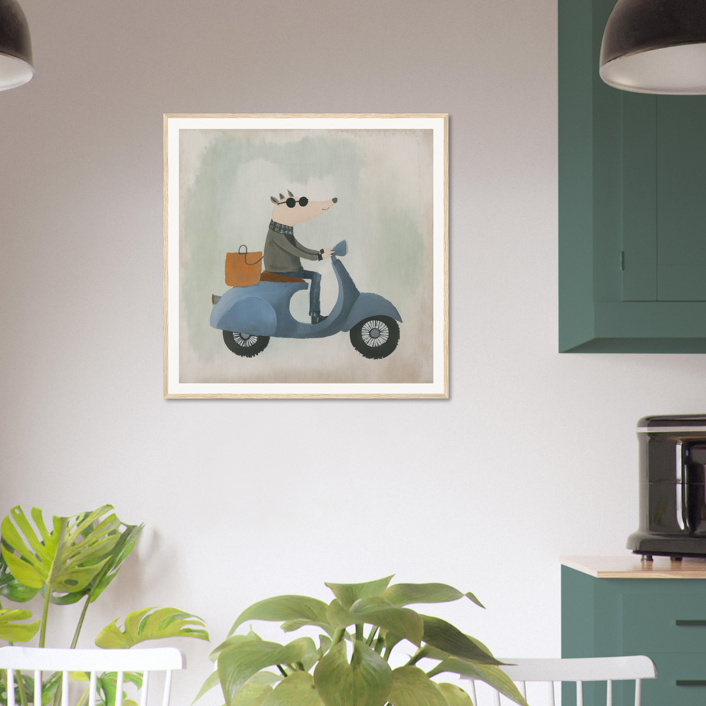 Framed artwork featuring a dog on a blue scooter from Whimsical Scooter Reveries