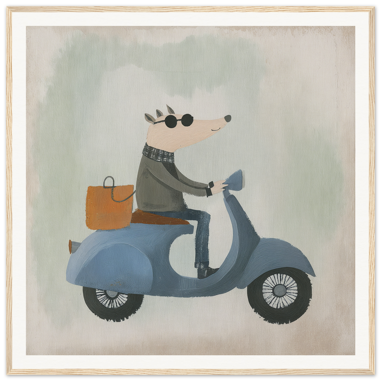A mouse in gray attire rides a blue scooter with an orange bag in Whimsical Scooter Reveries