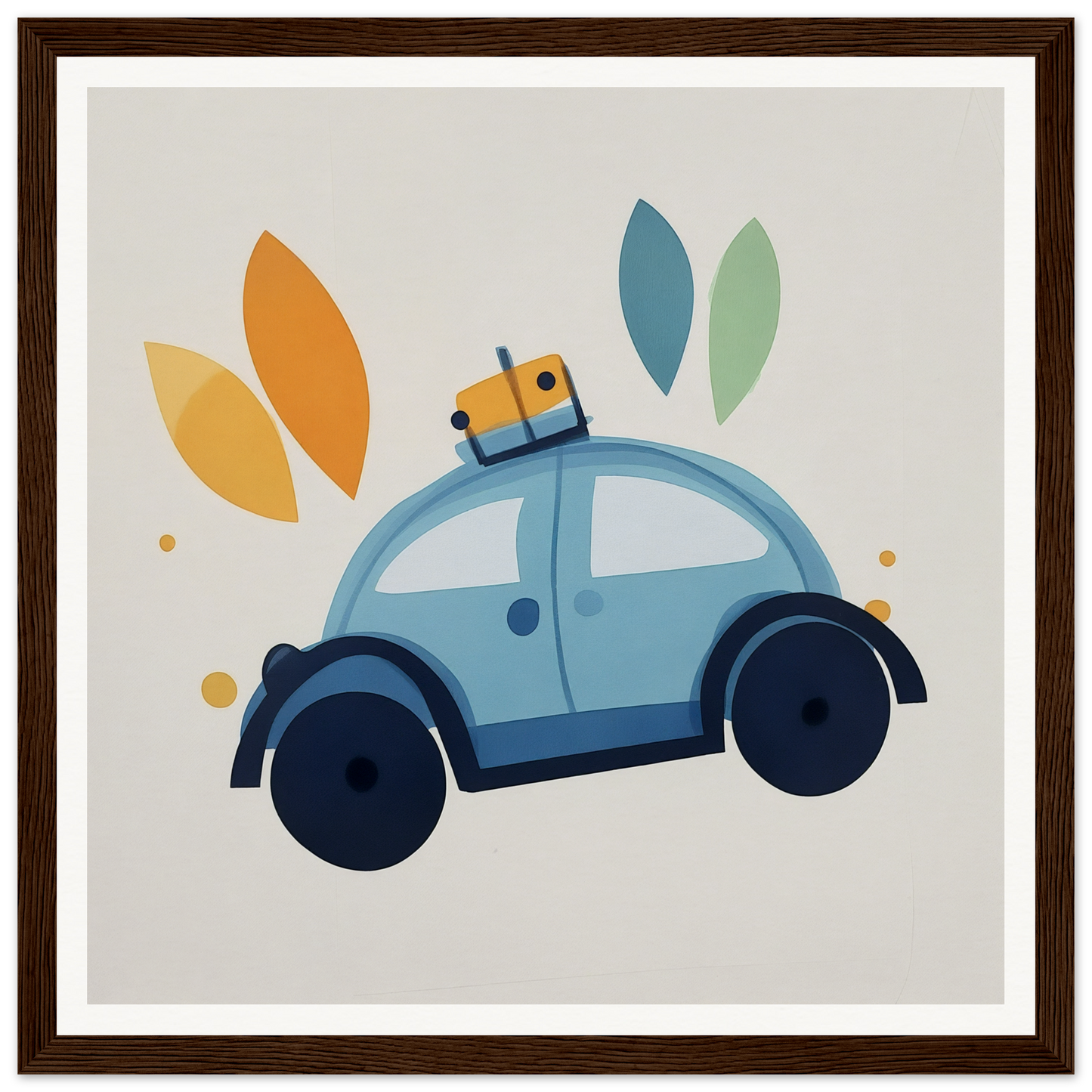 Light blue cartoon Volkswagen Beetle with luggage for Whimsical Transit Dreams