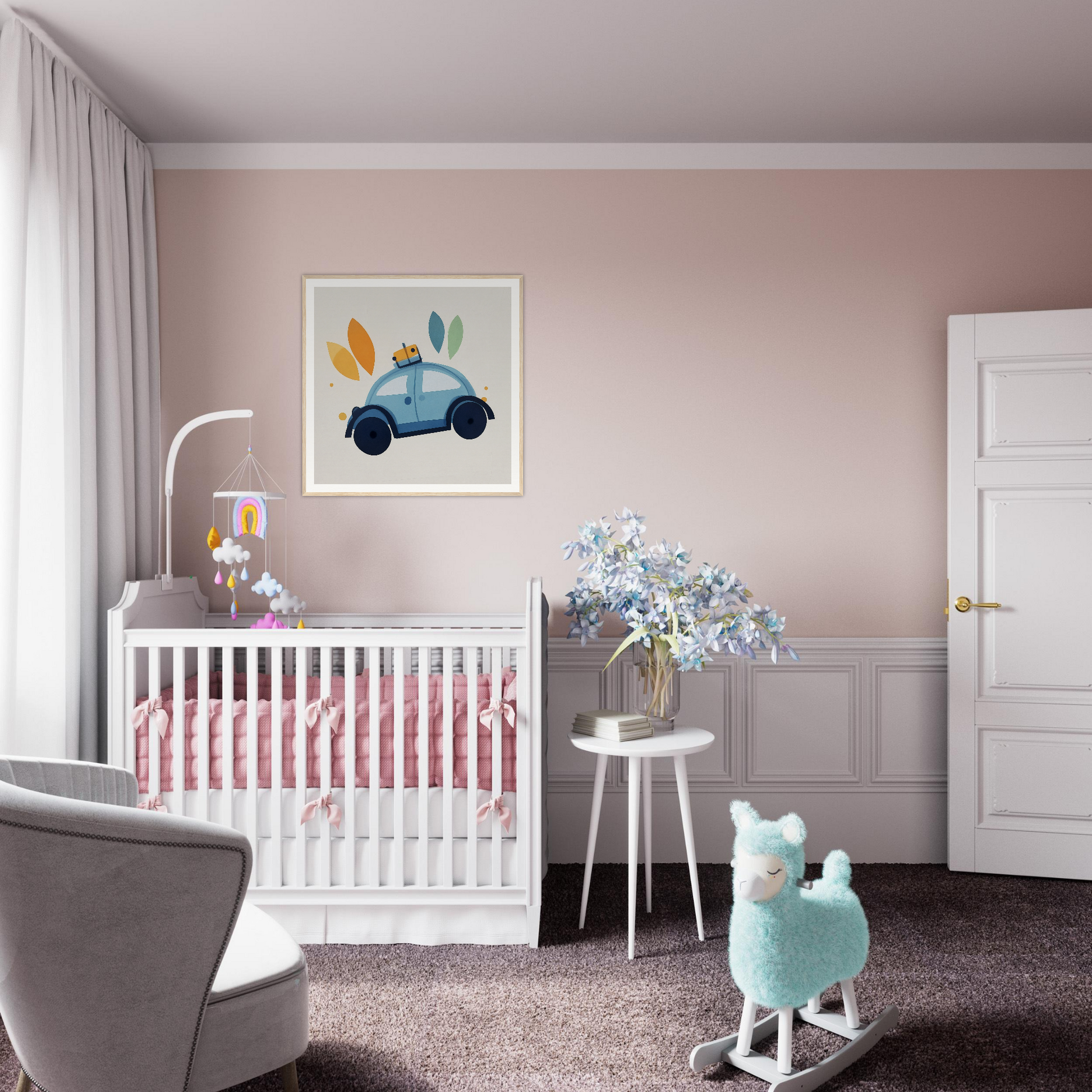 White wooden crib with pink bedding from Whimsical Transit Dreams collection