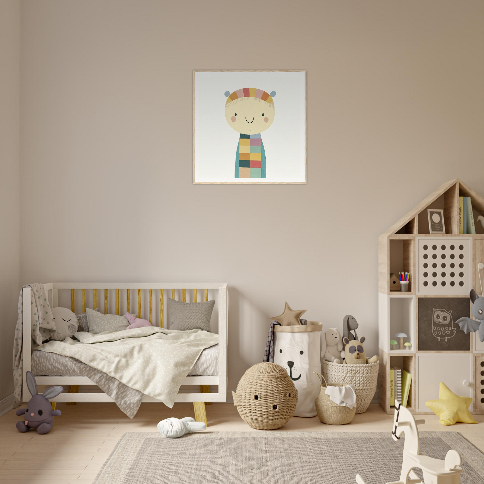 Cozy nursery room in neutral tones featuring Whimsy’s Golden Whisper decor and crib