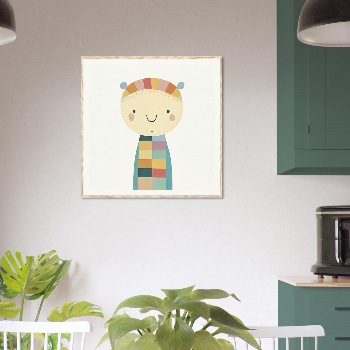 Cute cartoon character in a colorful striped hat and scarf from Whimsy’s Golden Whisper