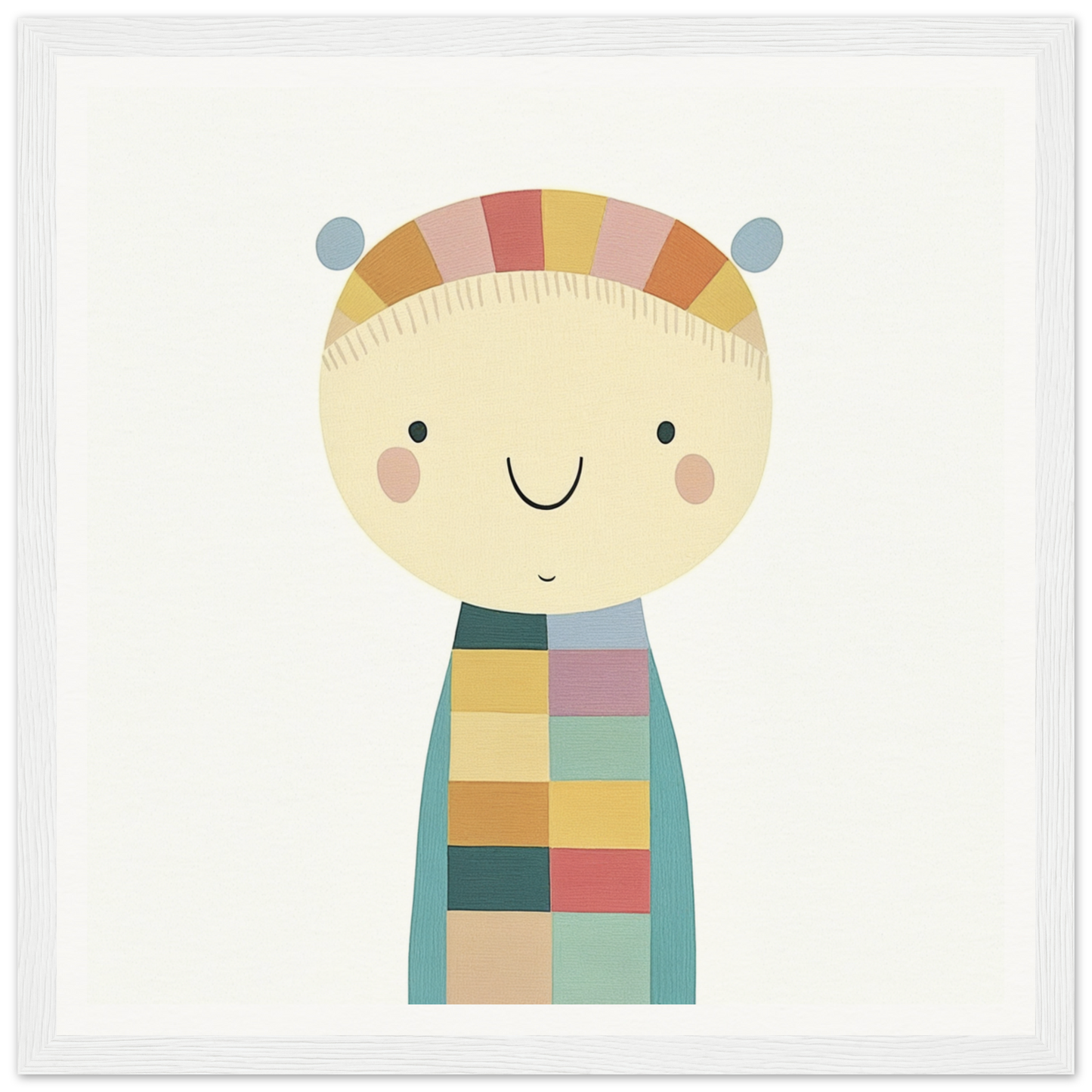 Cute cartoon character in colorful patchwork sweater and striped winter hat from Whimsy’s Golden Whisper