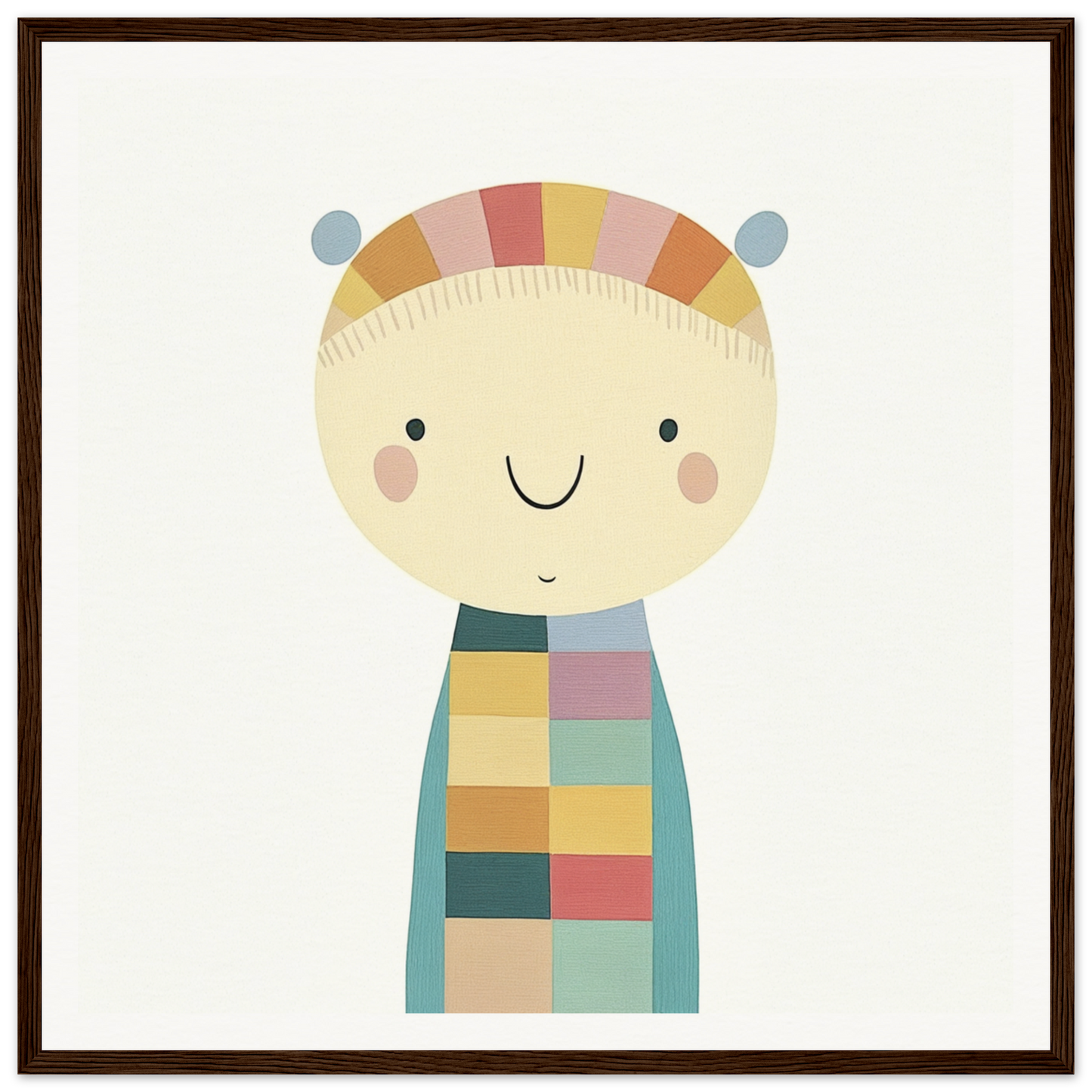 Cute cartoon character in colorful patchwork outfit for Whimsy’s Golden Whisper