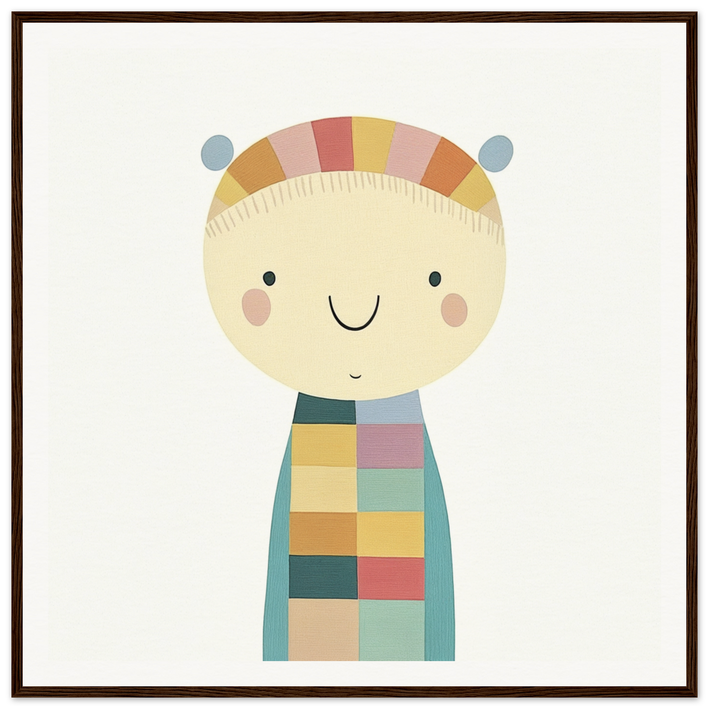 Cute cartoon character in colorful patchwork outfit representing Whimsy’s Golden Whisper