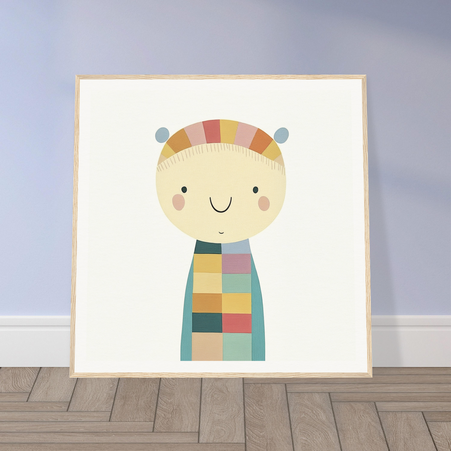 Cute cartoon character in colorful checkered attire for Whimsy’s Golden Whisper product