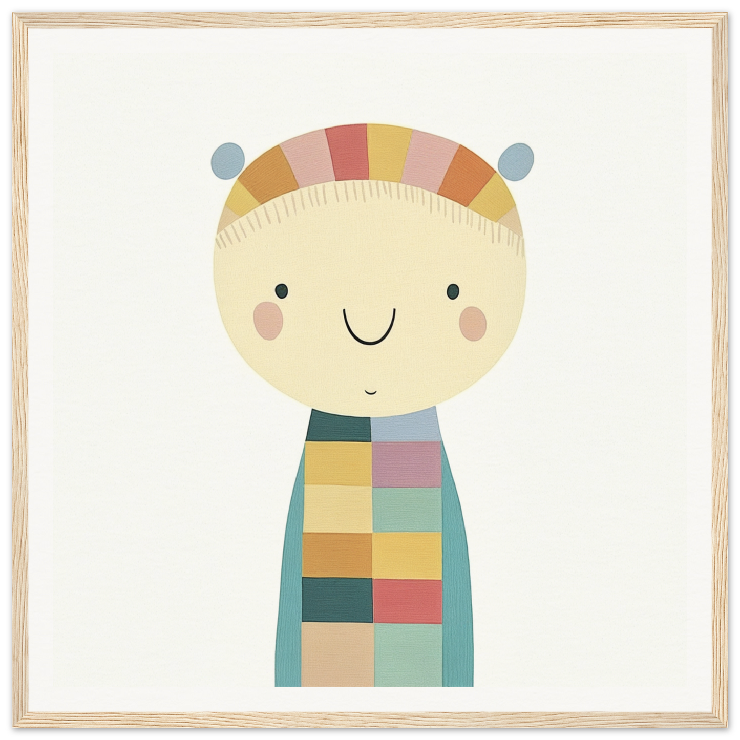 Cute cartoon character in a patchwork sweater and striped hat from Whimsy’s Golden Whisper
