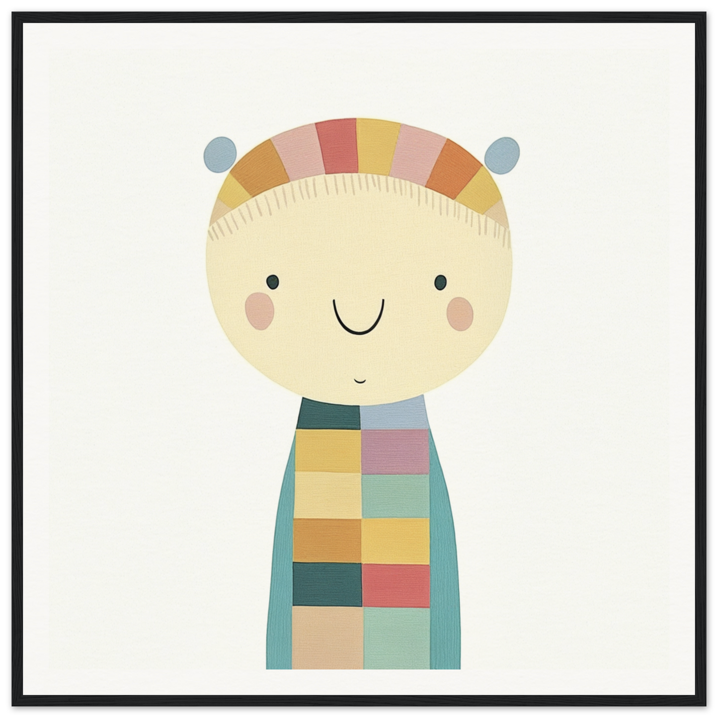 Cute cartoon character in a colorful checkered outfit for Whimsy’s Golden Whisper