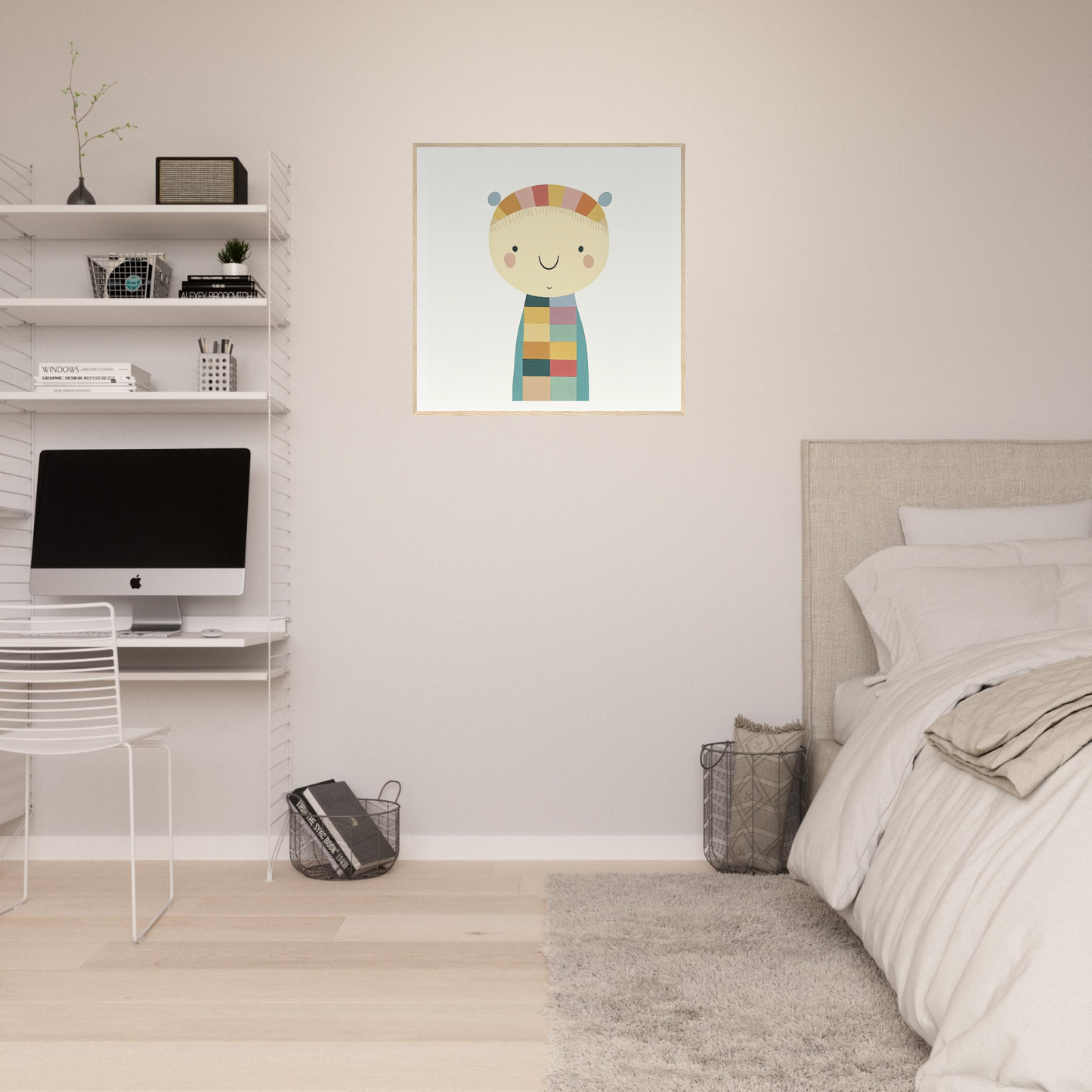 Minimalist bedroom featuring Whimsy’s Golden Whisper decor with art and an iMac