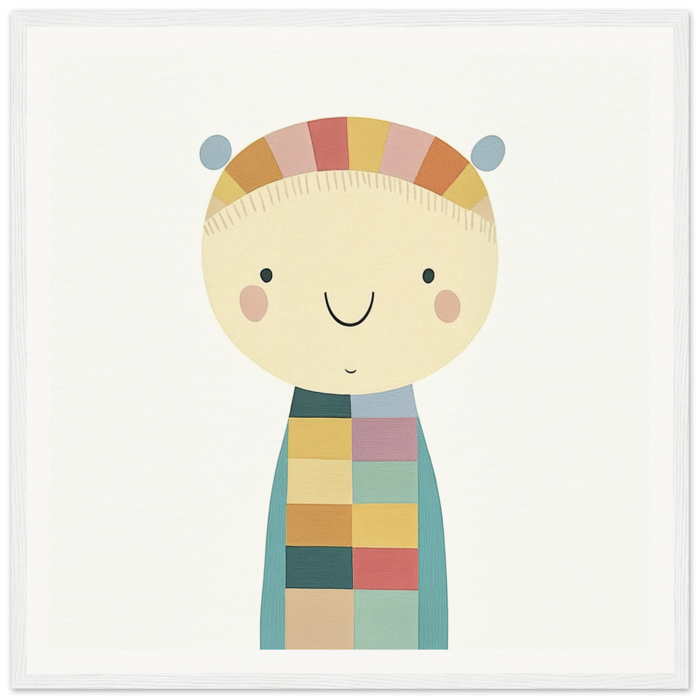 Cute cartoon character in a patchwork sweater and striped hat from Whimsy’s Golden Whisper