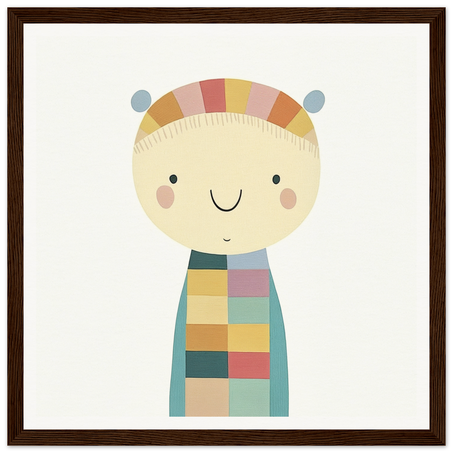 Cute cartoon character in colorful sweater and striped hat from Whimsy’s Golden Whisper