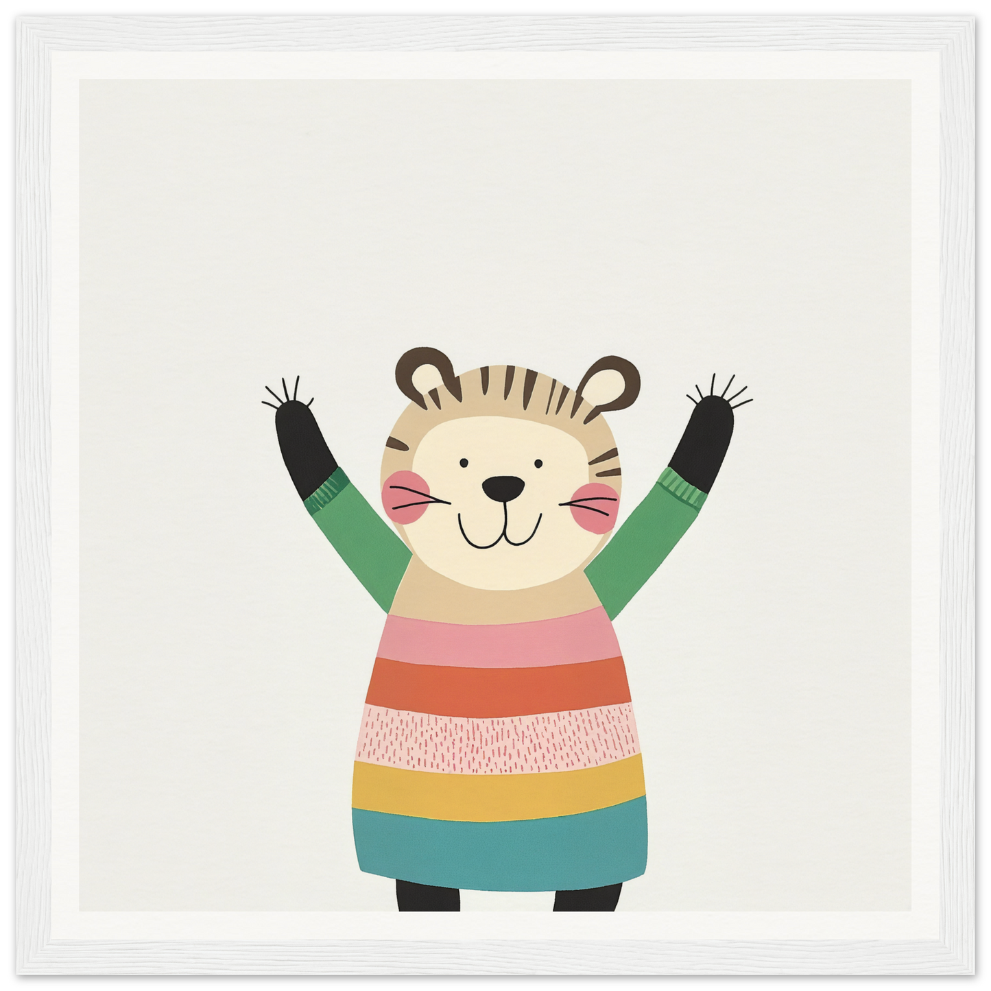 Cheerful cartoon tiger in colorful sweater, featured in Whirlwind Tiger’s Bliss
