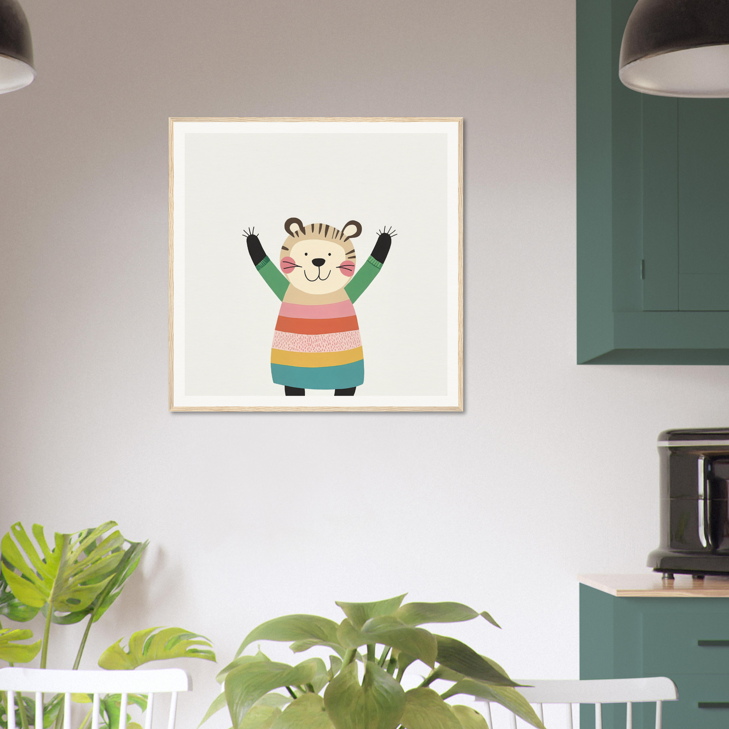 Cheerful cartoon tiger in rainbow sweater exuding joy for Whirlwind Tiger’s Bliss