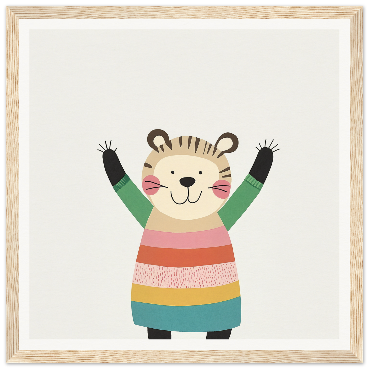 Cheerful cartoon tiger in colorful sweater celebrating Whirlwind Tiger’s Bliss special edition art™
