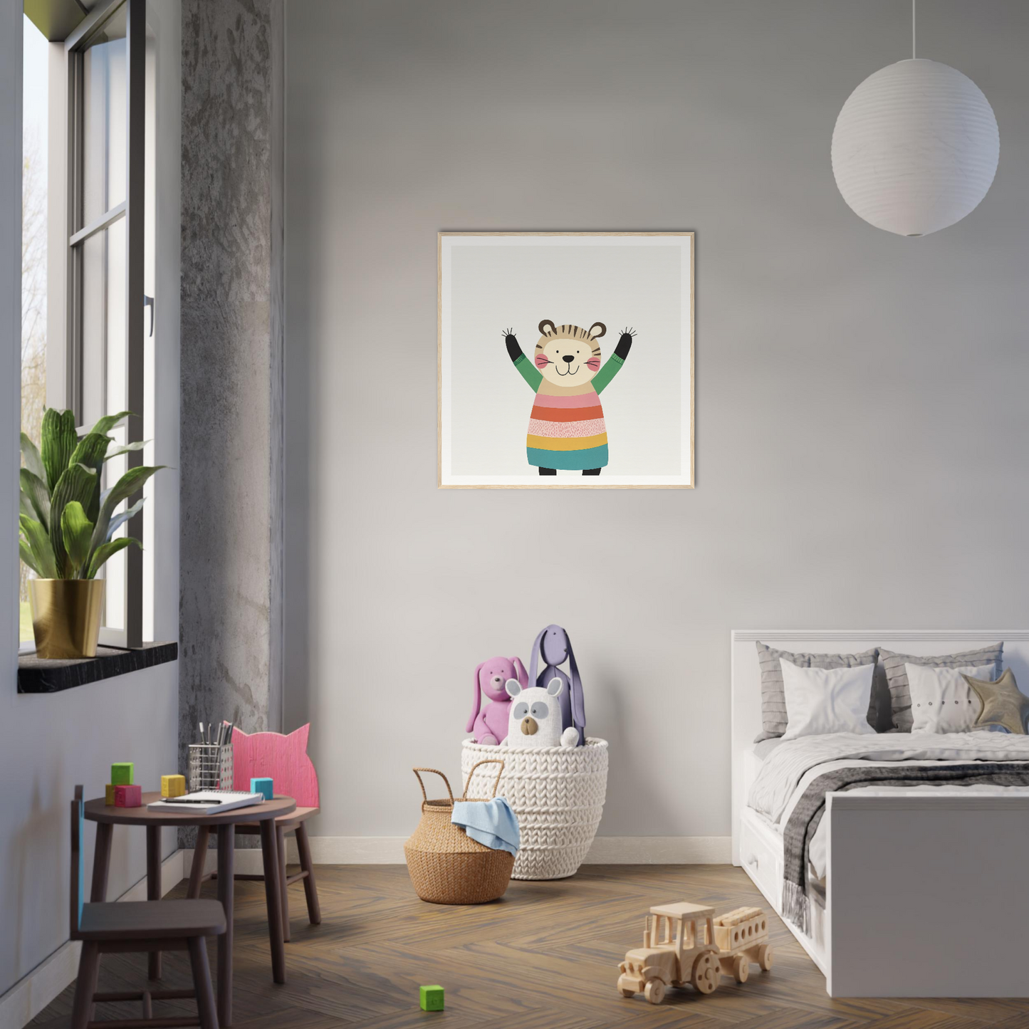 Cute cartoon cat in striped rainbow shirt, part of Whirlwind Tiger’s Bliss special edition art™