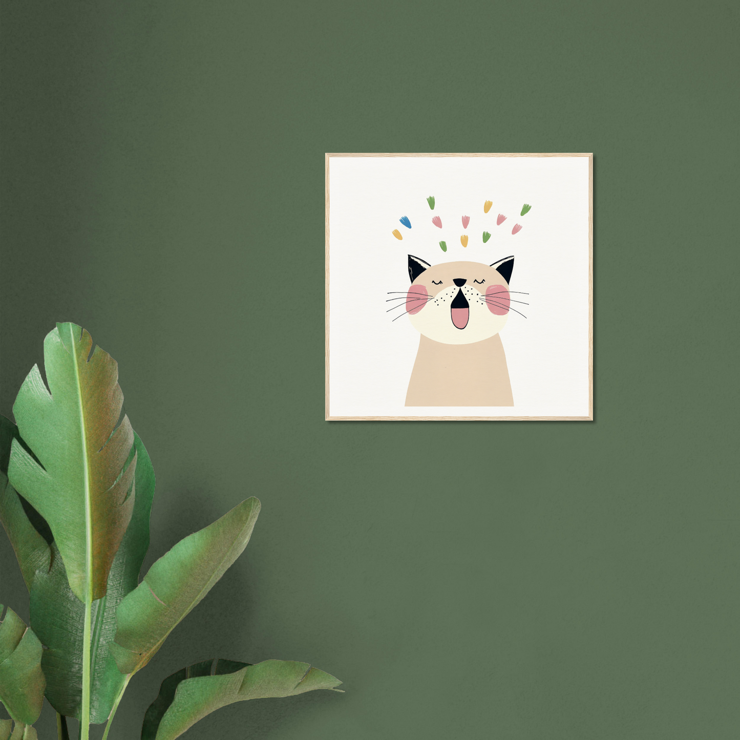 Framed artwork of a cute cartoon cat with vibrant confetti for Whiskered Euphoria Dance