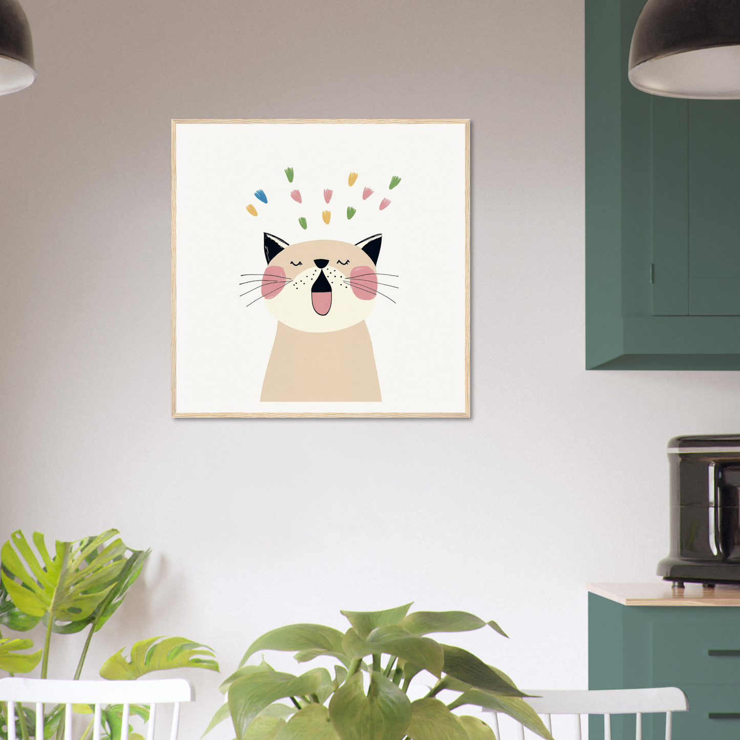 Whimsical cartoon cat with colorful confetti in Whiskered Euphoria Dance product