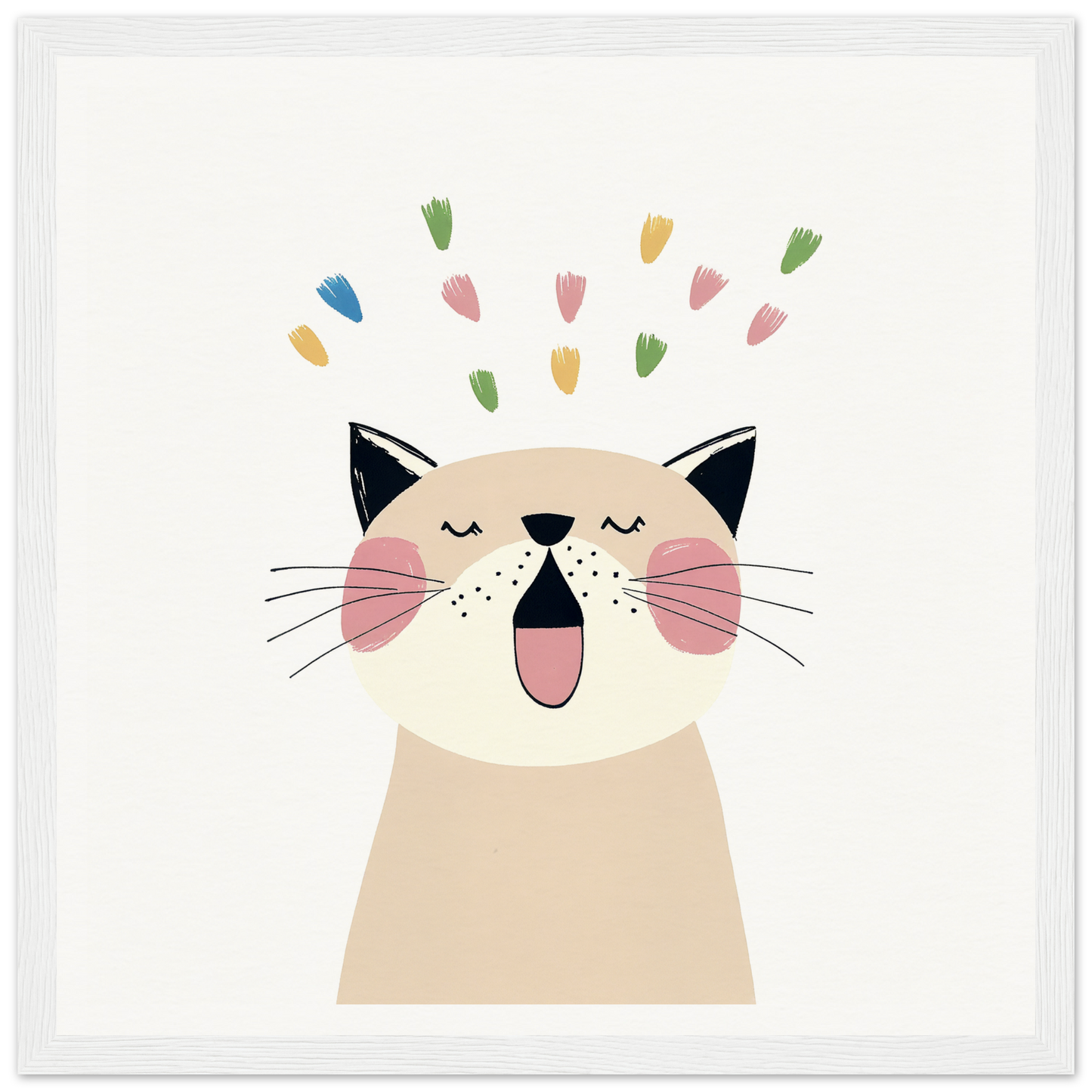 Happy cartoon cat with closed eyes and colorful hearts above, embodying Whiskered Euphoria Dance