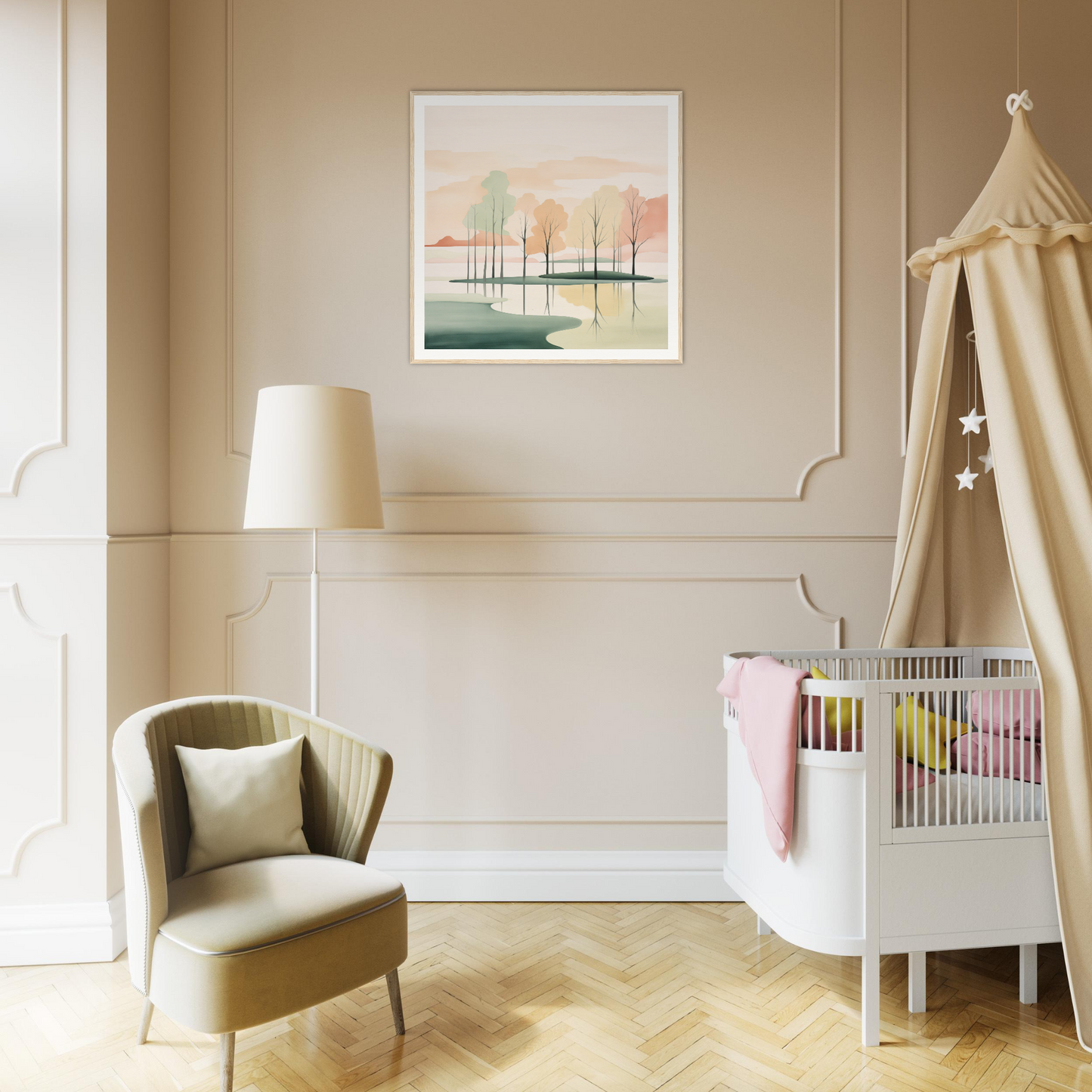 Modern nursery with white crib and beige canopy from Whispered Nature Glows special edition art™