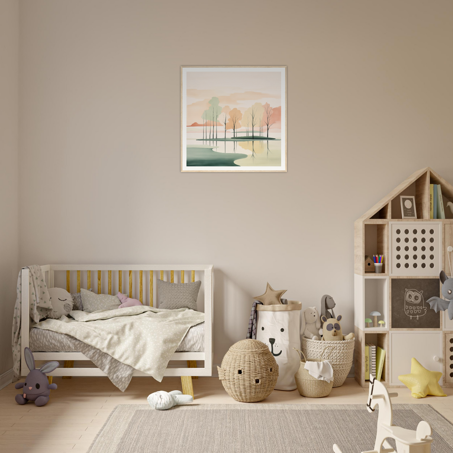 Wooden crib with gray bedding and yellow accents from Whispered Nature Glows collection