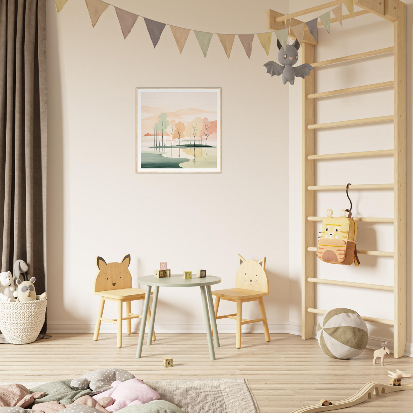 Children’s play area featuring animal-themed chairs and mint green table from Whispered Nature Glows