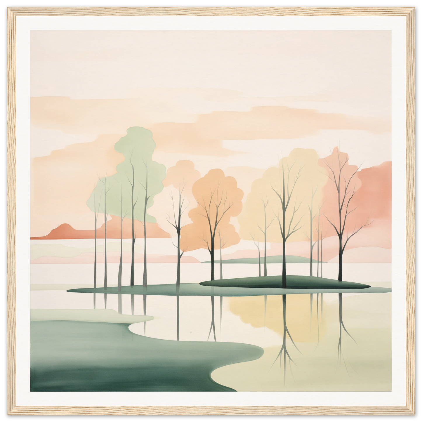 Minimalist landscape painting of trees in calm water from Whispered Nature Glows