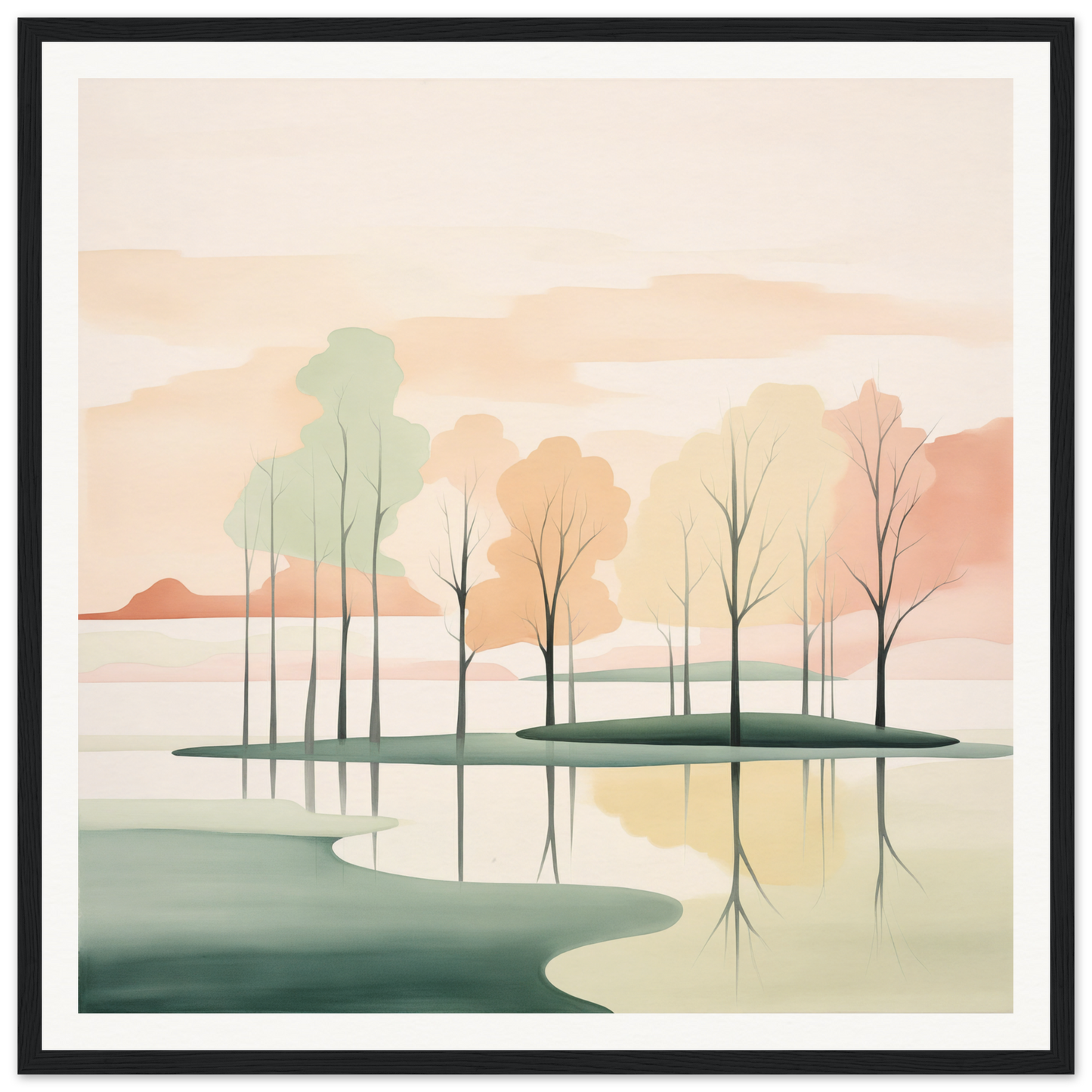 Minimalist landscape painting of trees reflected in calm water for Whispered Nature Glows