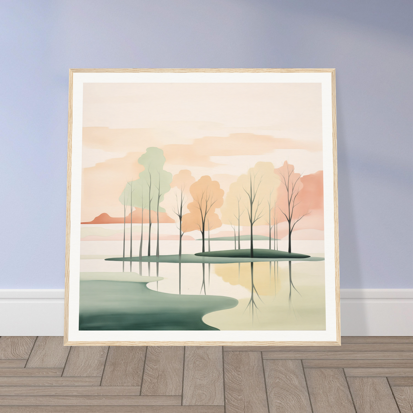 Framed watercolor painting of trees reflecting in water at sunset, Whispered Nature Glows