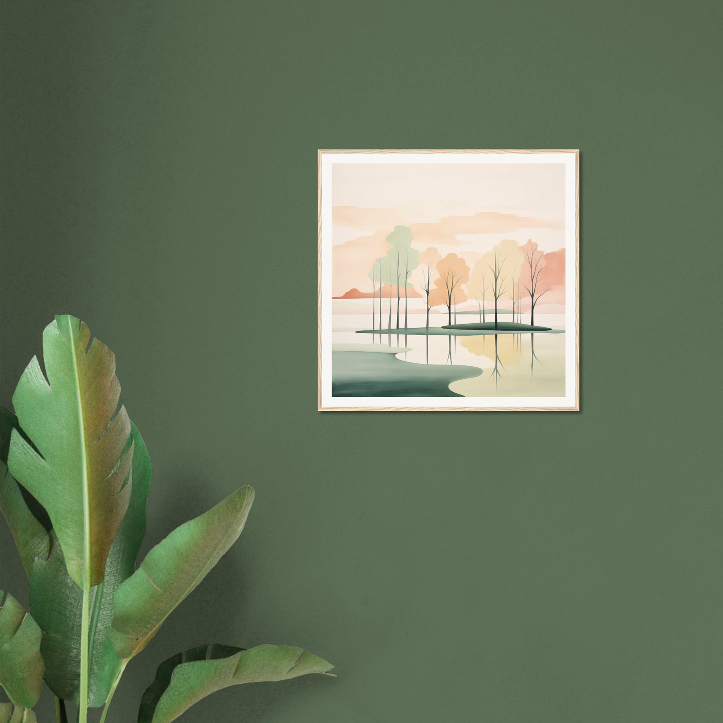 Framed watercolor of minimalist trees in water under pink sky, Whispered Nature Glows
