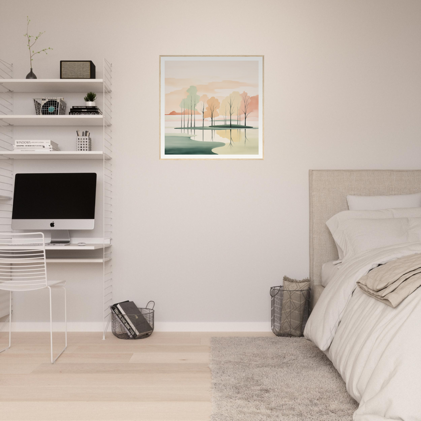 Minimalist bedroom with floating shelves and iMac workstation from Whispered Nature Glows