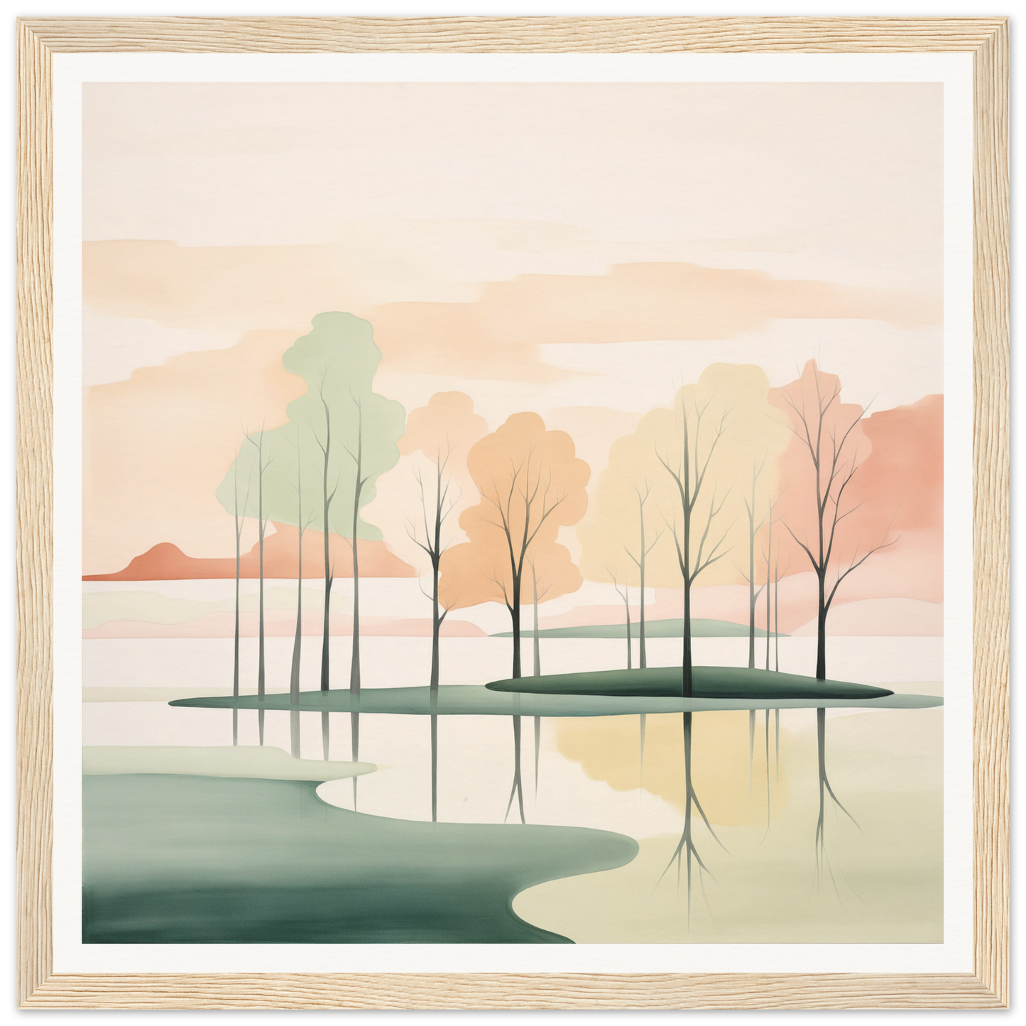 Minimalist landscape painting of trees in calm waters from Whispered Nature Glows