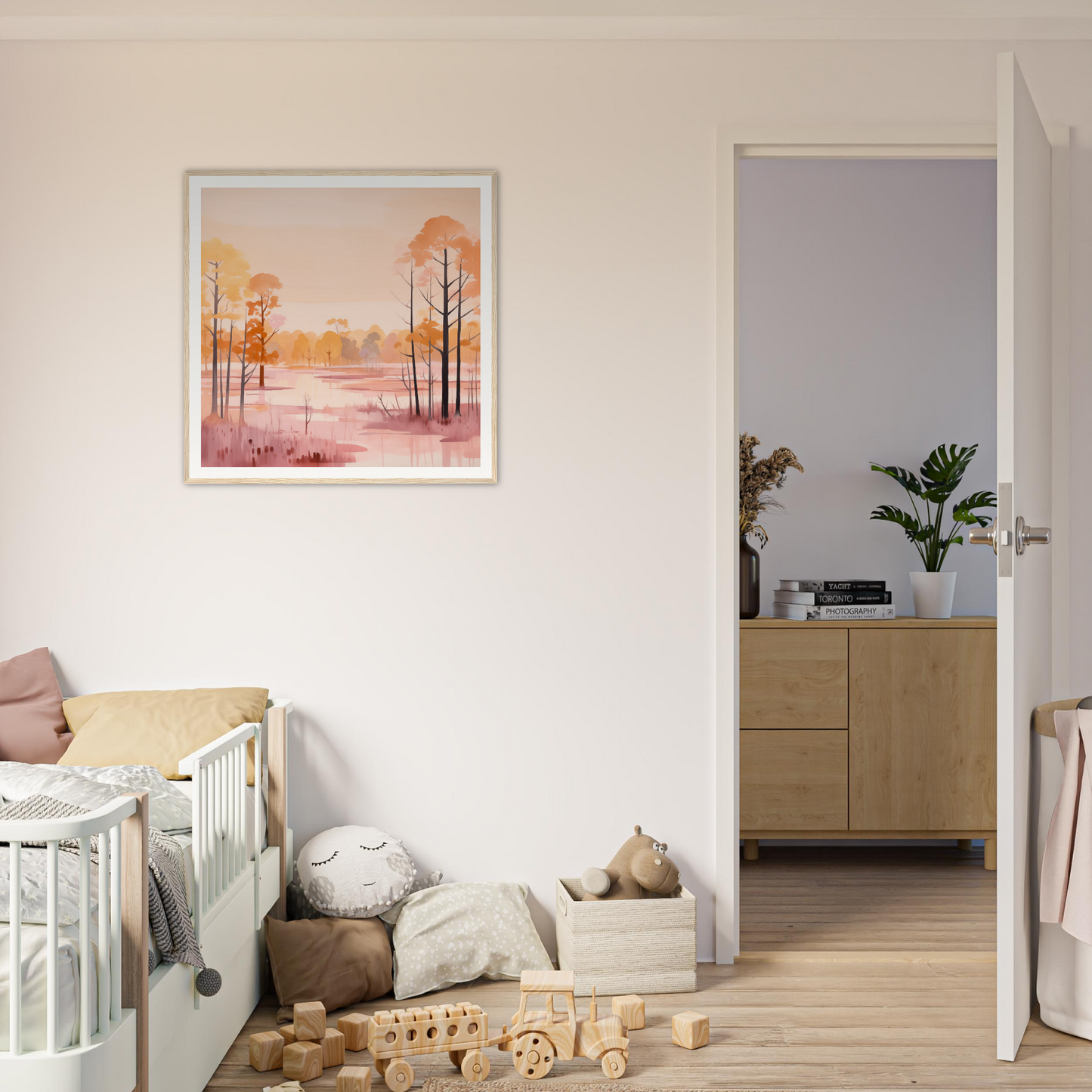 Framed watercolor artwork of a sunset forest in peach embrace hues, Whispered Peach Embrace